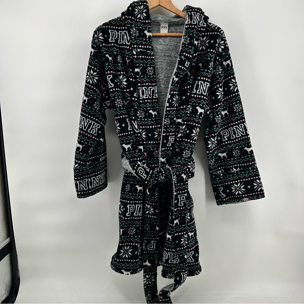Victoria's Secret‎ PINK Reversible Plush Robe Womens M/L Cozy Lounge Gray Black